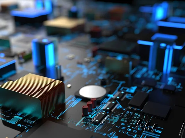 Bilgisayar çipleri ve transistörlerin farklı parçaları. Teknoloji konulu 3D yorumlama