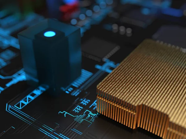 different parts of the computer chips and transistors in blue backlight. 3d render on the topic of technology