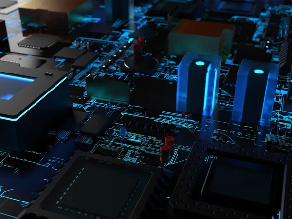 different parts of the computer chips and transistors in blue backlight. 3d render on the topic of technology