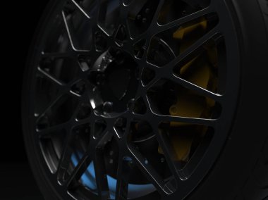 Arka planda krom diskleri olan bir araba tekerleği. 3d hazırlayıcı