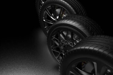 Krom jantlı koyu bir arka planda otomobil tekerlekleri. 3d hazırlayıcı