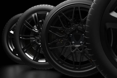 Krom jantlı koyu bir arka planda otomobil tekerlekleri. 3d hazırlayıcı