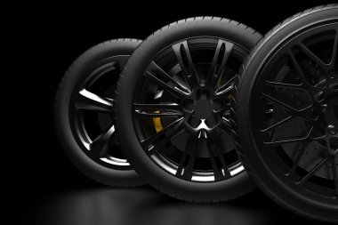 Krom kaplama jantlı koyu bir arka planda otomobil tekerlekleri. 3d hazırlayıcı