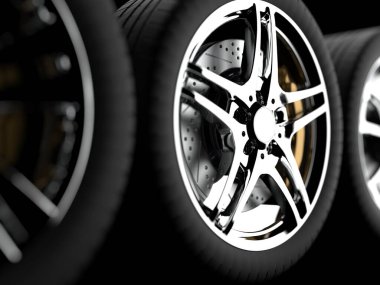 Krom kaplama jantlı koyu bir arka planda otomobil tekerlekleri. 3d hazırlayıcı