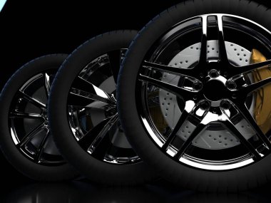 Krom kaplama jantlı koyu bir arka planda otomobil tekerlekleri. 3d hazırlayıcı