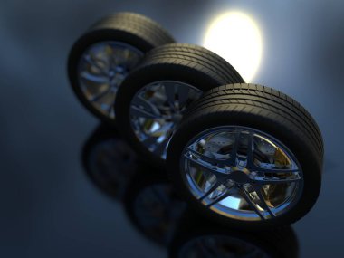 Krom kaplama jantlı koyu bir arka planda otomobil tekerlekleri. 3d hazırlayıcı