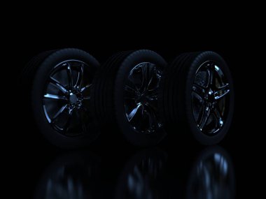 Krom kaplama jantlı koyu bir arka planda otomobil tekerlekleri. 3d hazırlayıcı
