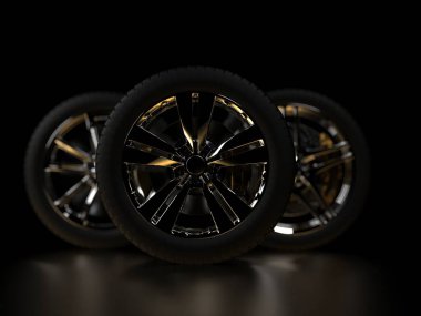 Krom kaplama jantlı koyu bir arka planda otomobil tekerlekleri. 3d hazırlayıcı