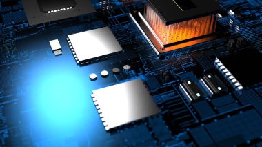 Kırmızı fonda basılı devre kartındaki işlemci çipi. Teknoloji ve yapay zekanın gücü hakkında 3D çizim.