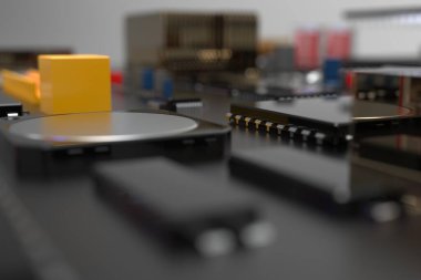 Üzerinde mikroçipler, işlemciler ve diğer bilgisayar parçaları olan bir devre kartı. Teknoloji ve büyük hesaplama gücü konulu 3D görüntüleme