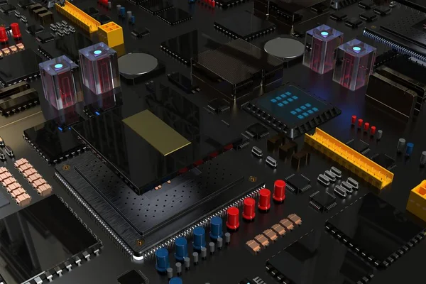 Üzerinde mikroçipler, işlemciler ve diğer bilgisayar parçaları olan bir devre kartı. 3d hazırlayıcı