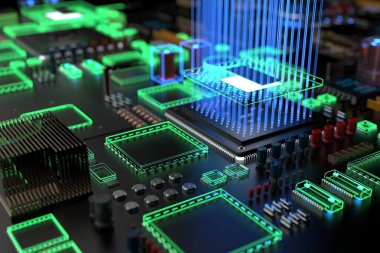 farklı bilgisayar türleri ve yedek parçalar. Bilgisayarla ilgili 3B yorumlama