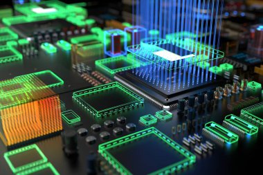 farklı bilgisayar türleri ve yedek parçalar. Bilgisayarla ilgili 3B yorumlama