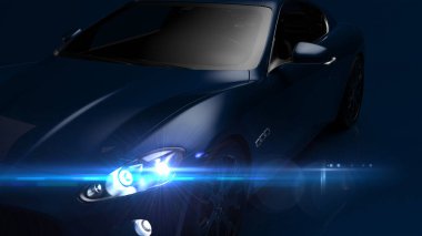 Otomatik mavi. Mavi arkaplandaki araç parçalarının 3D çizimi.