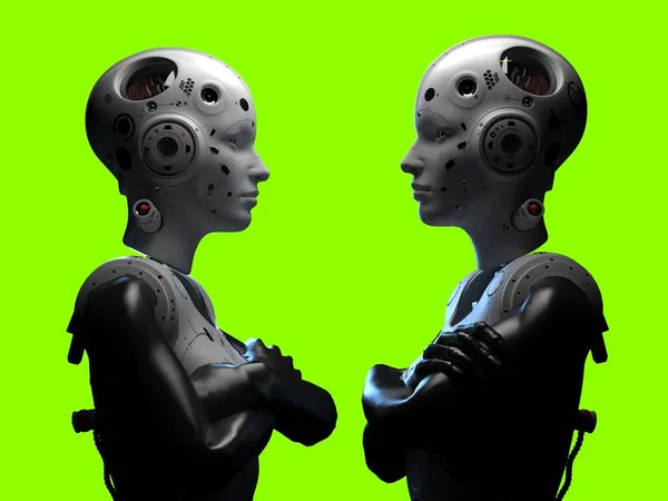 portrait of two robots looking at each other. isolated 3d illustration for use with dark background