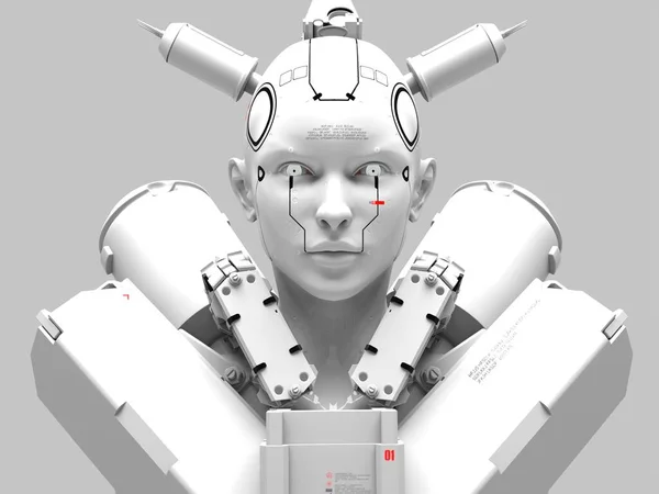 Geleceğin insanları ve robotlar. Bir adamın yakın plan portresi. Robotların temasındaki soyutlama. Askeri sanayi ve oyunlar. 3d illüstrasyon