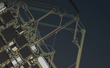 Kırmızı fonda basılı devre kartındaki işlemci çipi. Teknoloji ve yapay zekanın gücü hakkında 3D çizim.