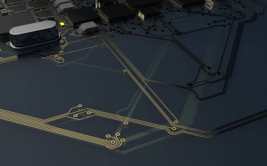 Kırmızı fonda basılı devre kartındaki işlemci çipi. Teknoloji ve yapay zekanın gücü hakkında 3D çizim.