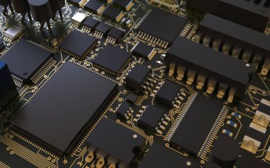 Kırmızı fonda basılı devre kartındaki işlemci çipi. Teknoloji ve yapay zekanın gücü hakkında 3D çizim.