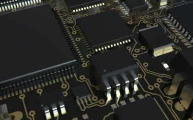 Kırmızı fonda basılı devre kartındaki işlemci çipi. Teknoloji ve yapay zekanın gücü hakkında 3D çizim.
