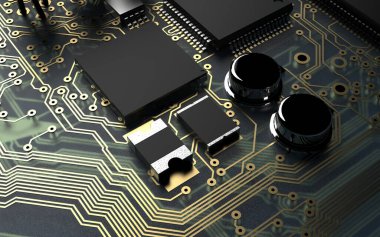 Kırmızı fonda basılı devre kartındaki işlemci çipi. Teknoloji ve yapay zekanın gücü hakkında 3D çizim.