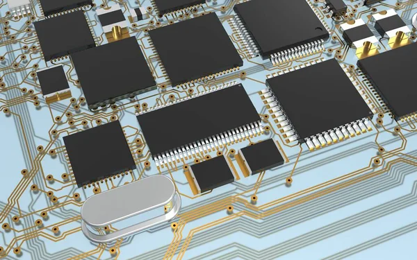 Chip Processador Uma Placa Circuito Impresso Luz Fundo Vermelha Ilustração — Fotografia de Stock