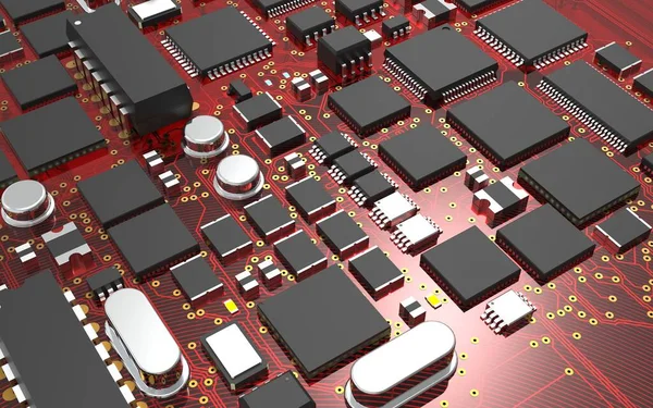 Procesor Płytce Drukowanej Czerwonym Podświetleniu Ilustracja Temat Technologii Mocy Sztucznej — Zdjęcie stockowe