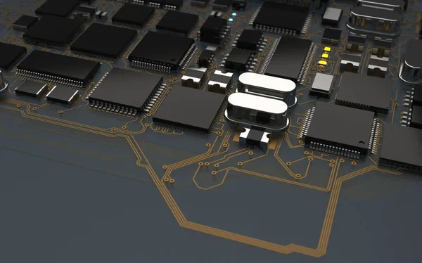 Chip Del Procesador Una Placa Circuito Impreso Retroiluminación Roja Ilustración —  Fotos de Stock