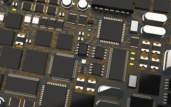 Processorchip Ett Tryckt Kretskort Rött Bakgrundsljus Illustration Temat Teknik Och — Stockfoto