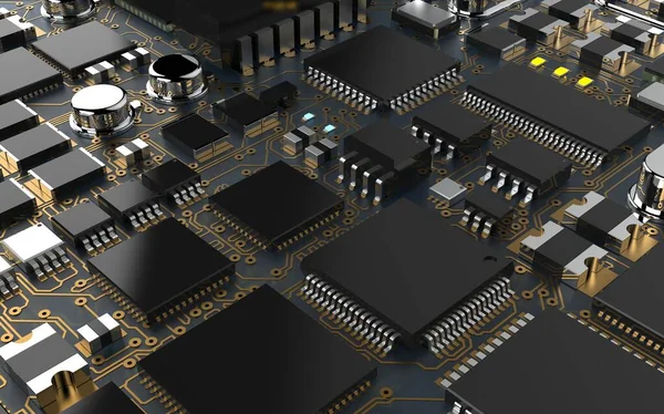 Kırmızı fonda basılı devre kartındaki işlemci çipi. Teknoloji ve yapay zekanın gücü hakkında 3D çizim.