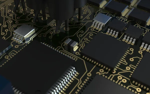 Processor Chip Een Printplaat Rood Achtergrondlicht Illustratie Het Gebied Van — Stockfoto