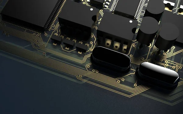 赤のバックライトのプリント基板上のプロセッサチップ 技術と人工知能の力に関する3Dイラスト — ストック写真