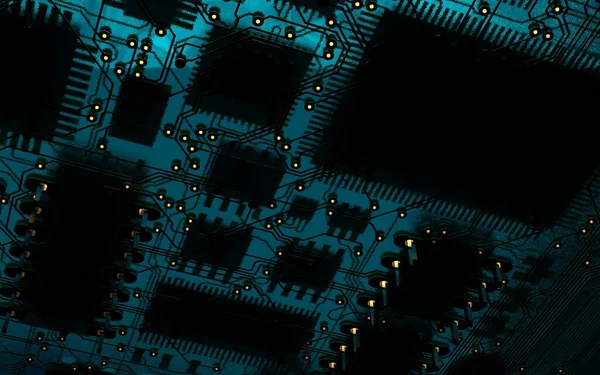 Processzor Chip Egy Nyomtatott Áramköri Lapon Piros Háttérvilágítással Illusztráció Technológia — Stock Fotó