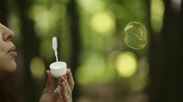 Bolhas Sabão Fundo Floresta Menina Soprando Bolhas Sabão — Vídeo de Stock