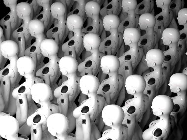 Sıraya dizilmiş bir grup robot endüstriyel üretim konsepti
