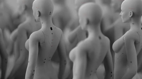 Grupa Robotów Obrazie Żeńskim Stojąca Rzędach Koncepcja Sztucznej Inteligencji Robotyki — Zdjęcie stockowe