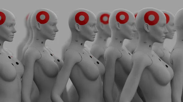Groep Robots Vrouwelijk Beeld Staan Rijen Kunstmatige Intelligentie Robotica Concept — Stockfoto