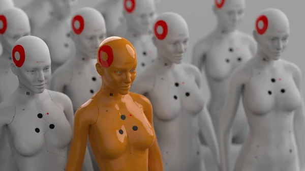 Grupo Robots Forma Femenina Uno Los Cuales Tiene Una Clara —  Fotos de Stock