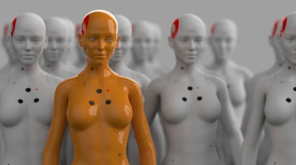 Een Groep Robots Een Vrouwelijke Vorm Waarvan Één Een Duidelijk — Stockfoto