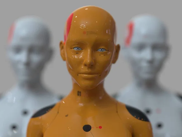 Een Groep Robots Een Vrouwelijke Vorm Waarvan Één Een Duidelijk — Stockfoto