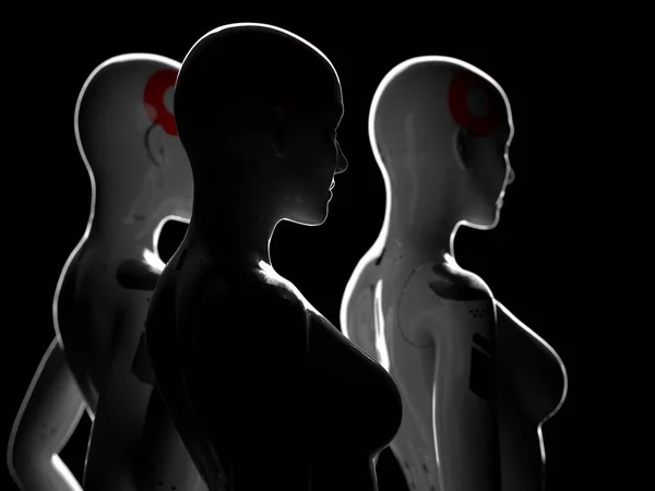 a group of female robots standing with their backs to the viewer