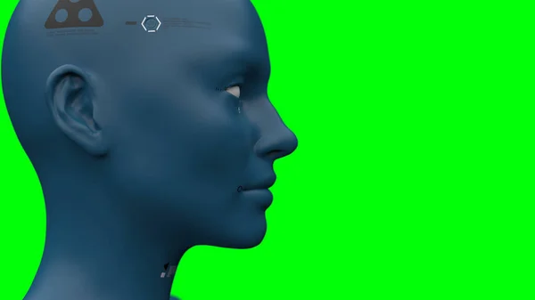 close-up portrait of a robot woman on a green background concept of robotics and artificial intelligence