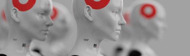 Kadın görüntüsündeki bir grup robot sıra sıra dizilmiş yapay zeka ve robot konsepti