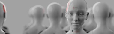 Kadın görüntüsündeki bir grup robot sıra sıra dizilmiş yapay zeka ve robot konsepti