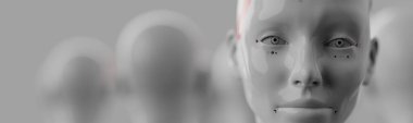 Kadın görüntüsündeki bir grup robot sıra sıra dizilmiş yapay zeka ve robot konsepti