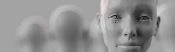 Kadın görüntüsündeki bir grup robot sıra sıra dizilmiş yapay zeka ve robot konsepti