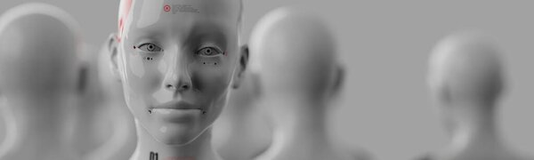 group of robots in female image standing in rows artificial intelligence and robotics concept