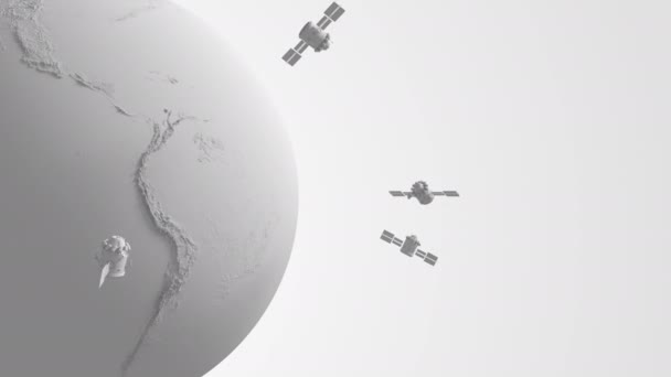 全世界の衛星システム 地球の周りをLeo通信衛星が飛んでいます ライトグレースタイルループアニメーション — ストック動画