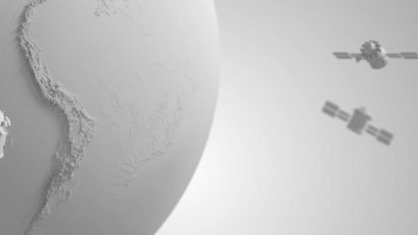 全球卫星系统 低地轨道通信卫星环绕地球飞行 浅灰风格的循环动画 — 图库视频影像