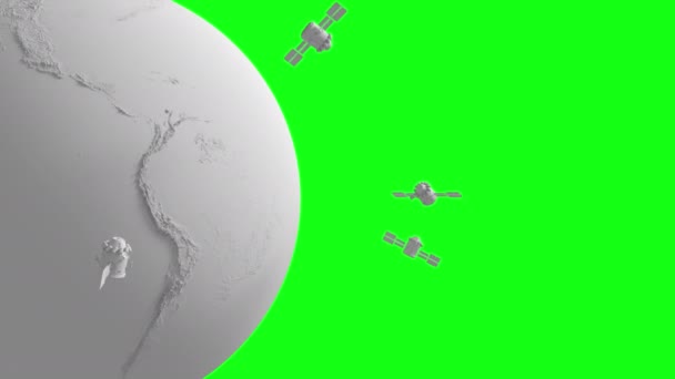 Globalt Satellitsystem Ljusgrå Stil Flygande Satelliter Runt Världen Looping Animation — Stockvideo